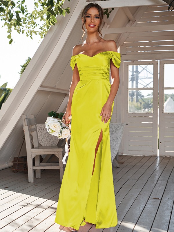 Sheath/Column Silk like Satin Ruched Off-the-Shoulder Sleeveless Floor-Length Bridesmaid Dresses 3056