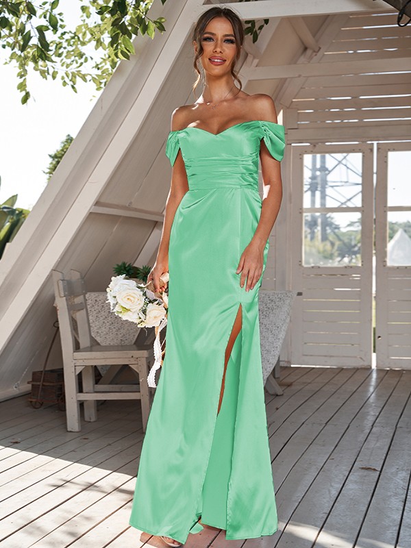 Sheath/Column Silk like Satin Ruched Off-the-Shoulder Sleeveless Floor-Length Bridesmaid Dresses 3056