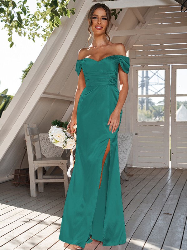 Sheath/Column Silk like Satin Ruched Off-the-Shoulder Sleeveless Floor-Length Bridesmaid Dresses 3056