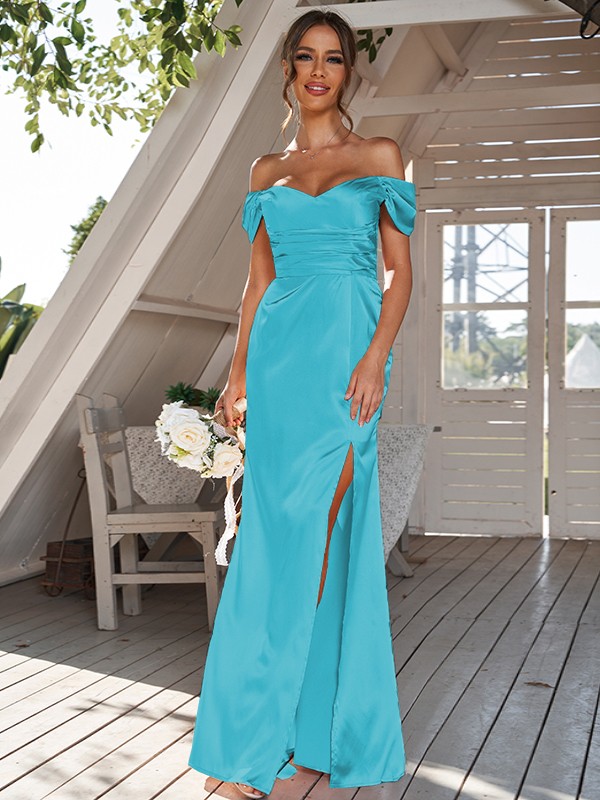 Sheath/Column Silk like Satin Ruched Off-the-Shoulder Sleeveless Floor-Length Bridesmaid Dresses 3056