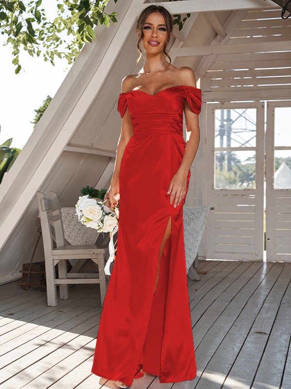 Sheath/Column Silk like Satin Ruched Off-the-Shoulder Sleeveless Floor-Length Bridesmaid Dresses 3056