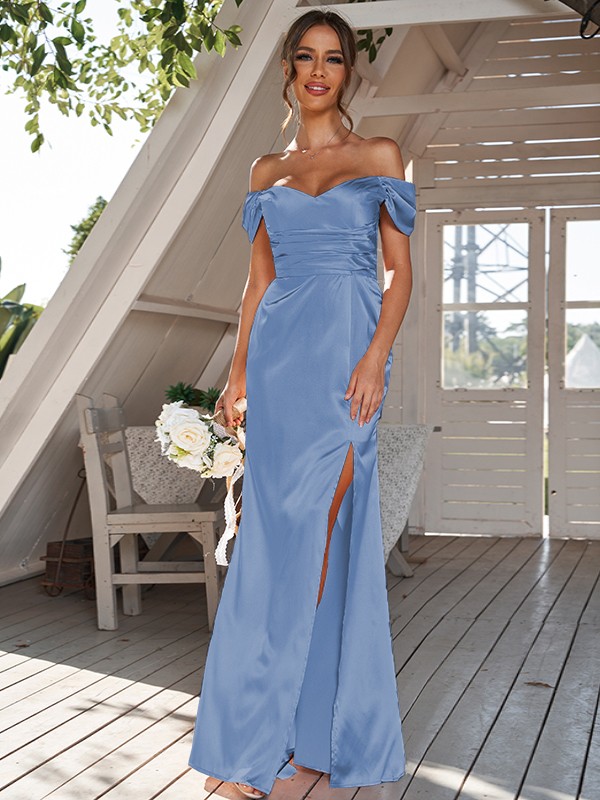 Sheath/Column Silk like Satin Ruched Off-the-Shoulder Sleeveless Floor-Length Bridesmaid Dresses 3056