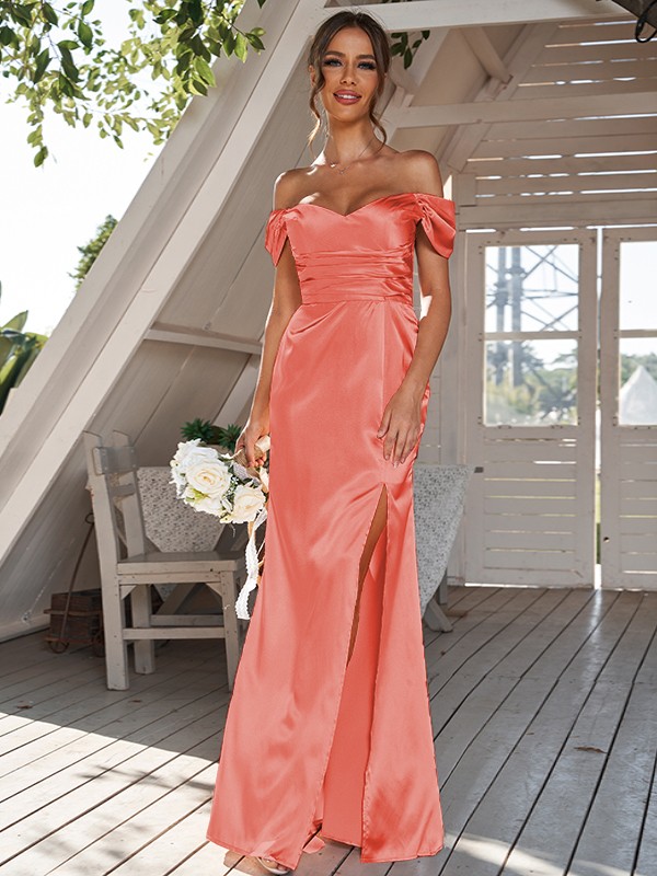 Sheath/Column Silk like Satin Ruched Off-the-Shoulder Sleeveless Floor-Length Bridesmaid Dresses 3056