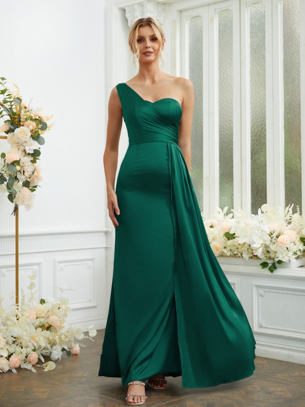 Sheath/Column NS Elastic Woven Satin Ruched One-Shoulder Sleeveless Floor-Length Bridesmaid Dresses 2975