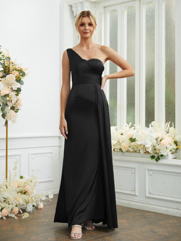 Sheath/Column NS Elastic Woven Satin Ruched One-Shoulder Sleeveless Floor-Length Bridesmaid Dresses 2975