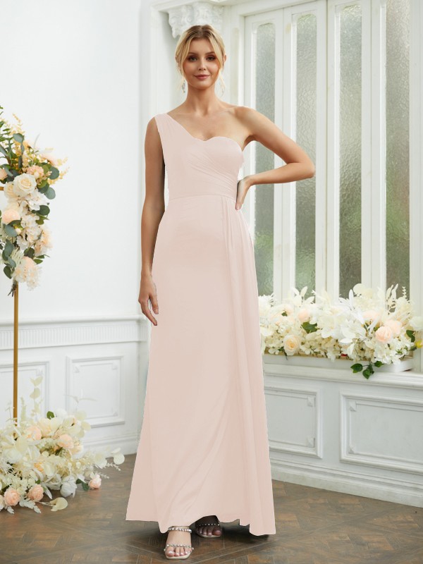 Sheath/Column NS Elastic Woven Satin Ruched One-Shoulder Sleeveless Floor-Length Bridesmaid Dresses 2975