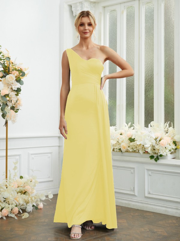 Sheath/Column NS Elastic Woven Satin Ruched One-Shoulder Sleeveless Floor-Length Bridesmaid Dresses 2975