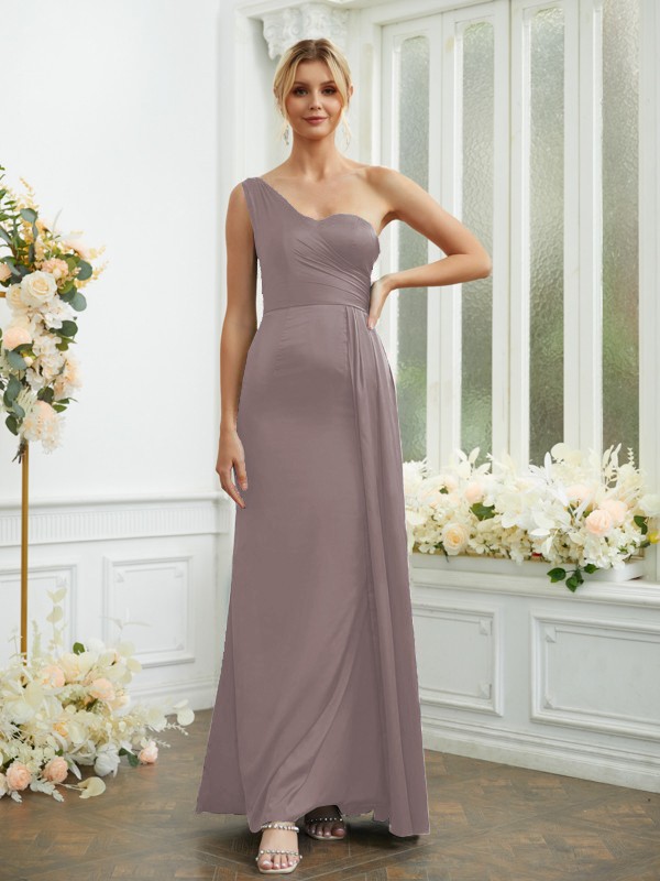 Sheath/Column NS Elastic Woven Satin Ruched One-Shoulder Sleeveless Floor-Length Bridesmaid Dresses 2975