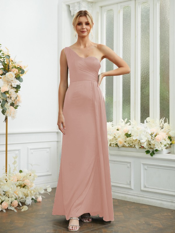 Sheath/Column NS Elastic Woven Satin Ruched One-Shoulder Sleeveless Floor-Length Bridesmaid Dresses 2975