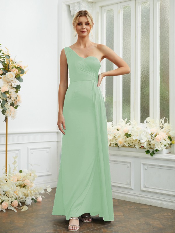 Sheath/Column NS Elastic Woven Satin Ruched One-Shoulder Sleeveless Floor-Length Bridesmaid Dresses 2975