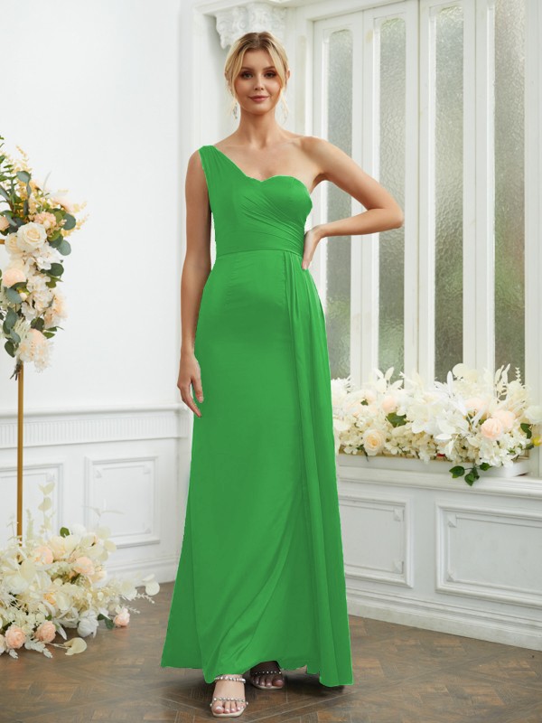 Sheath/Column NS Elastic Woven Satin Ruched One-Shoulder Sleeveless Floor-Length Bridesmaid Dresses 2975