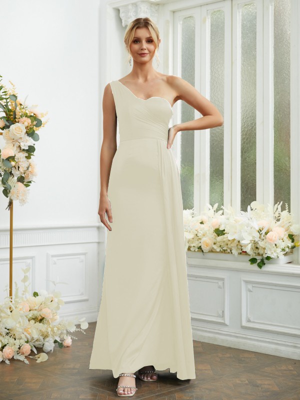 Sheath/Column NS Elastic Woven Satin Ruched One-Shoulder Sleeveless Floor-Length Bridesmaid Dresses 2975