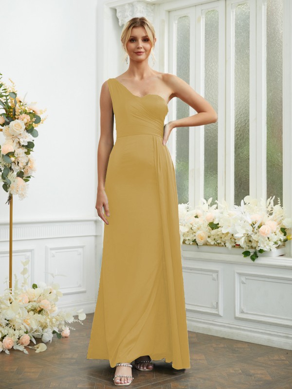 Sheath/Column NS Elastic Woven Satin Ruched One-Shoulder Sleeveless Floor-Length Bridesmaid Dresses 2975