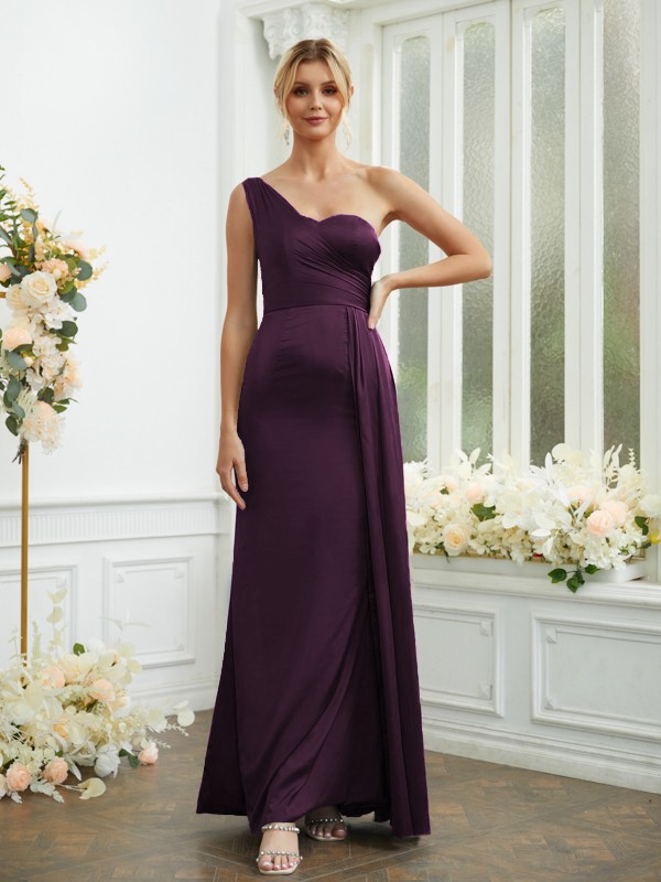 Sheath/Column NS Elastic Woven Satin Ruched One-Shoulder Sleeveless Floor-Length Bridesmaid Dresses 2975