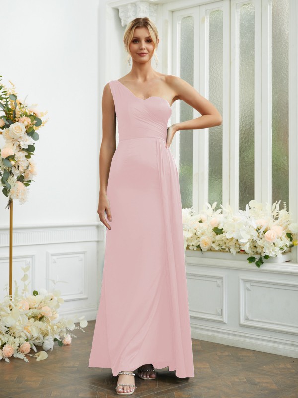 Sheath/Column NS Elastic Woven Satin Ruched One-Shoulder Sleeveless Floor-Length Bridesmaid Dresses 2975