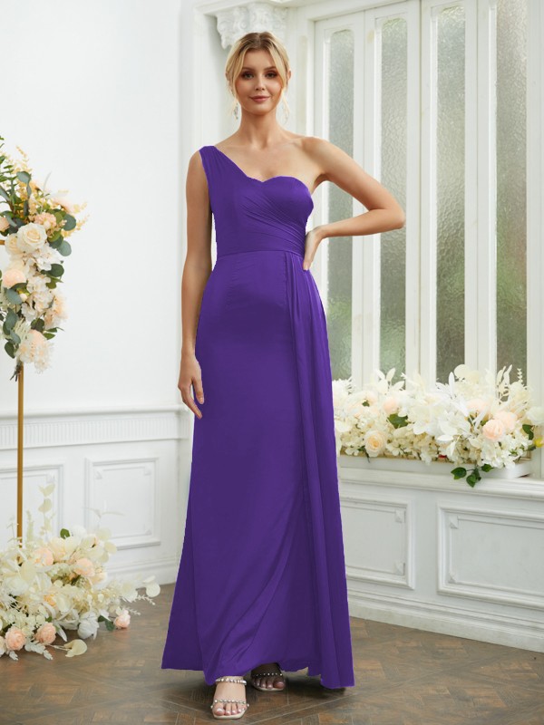 Sheath/Column NS Elastic Woven Satin Ruched One-Shoulder Sleeveless Floor-Length Bridesmaid Dresses 2975