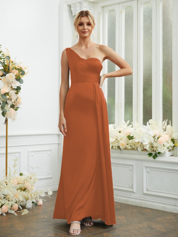 Sheath/Column NS Elastic Woven Satin Ruched One-Shoulder Sleeveless Floor-Length Bridesmaid Dresses 2975