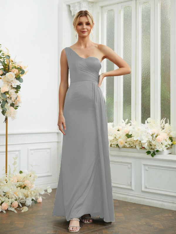 Sheath/Column NS Elastic Woven Satin Ruched One-Shoulder Sleeveless Floor-Length Bridesmaid Dresses 2975