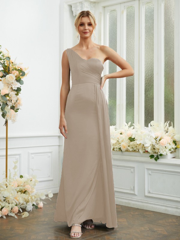 Sheath/Column NS Elastic Woven Satin Ruched One-Shoulder Sleeveless Floor-Length Bridesmaid Dresses 2975