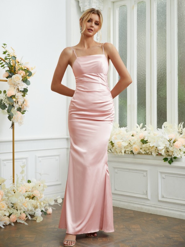 Sheath/Column Silk like Satin Ruched Spaghetti Straps Sleeveless Floor-Length Bridesmaid Dresses 3070