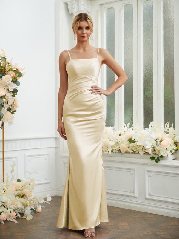 Sheath/Column Silk like Satin Ruched Spaghetti Straps Sleeveless Floor-Length Bridesmaid Dresses 3070