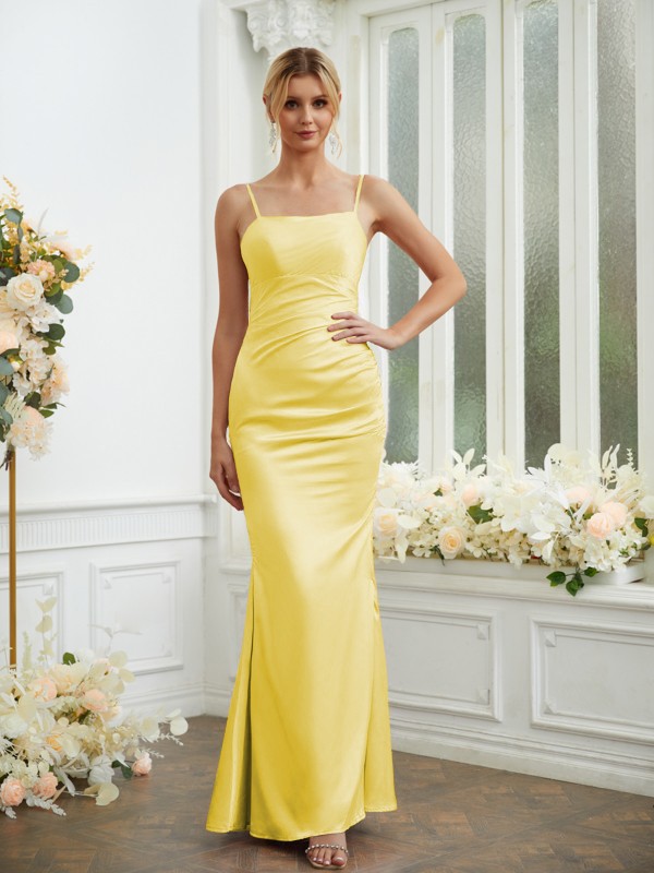 Sheath/Column Silk like Satin Ruched Spaghetti Straps Sleeveless Floor-Length Bridesmaid Dresses 3070