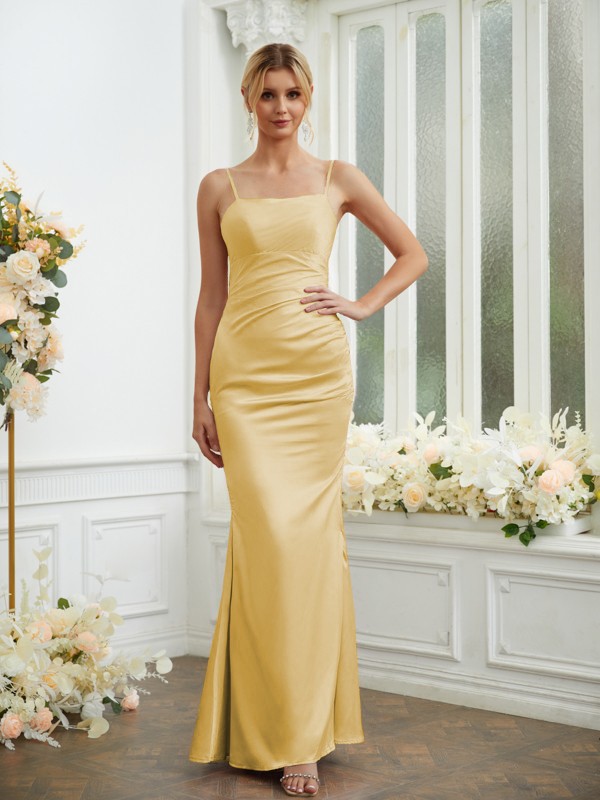 Sheath/Column Silk like Satin Ruched Spaghetti Straps Sleeveless Floor-Length Bridesmaid Dresses 3070