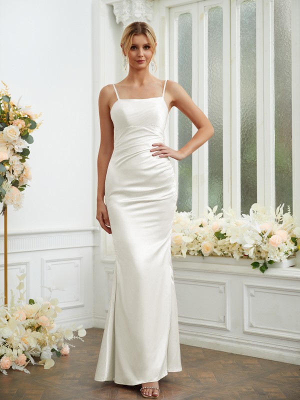 Sheath/Column Silk like Satin Ruched Spaghetti Straps Sleeveless Floor-Length Bridesmaid Dresses 3070