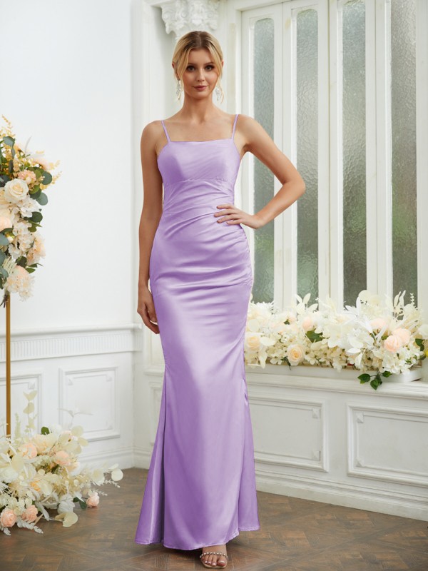 Sheath/Column Silk like Satin Ruched Spaghetti Straps Sleeveless Floor-Length Bridesmaid Dresses 3070