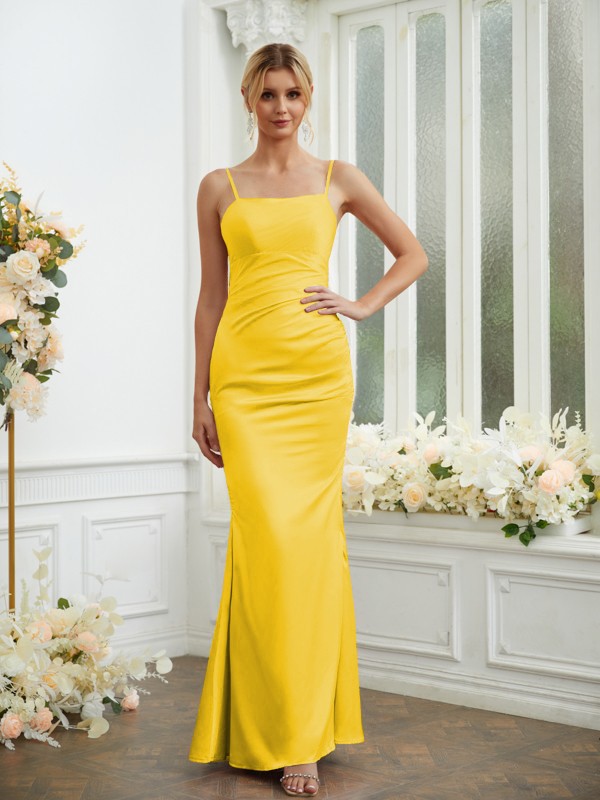 Sheath/Column Silk like Satin Ruched Spaghetti Straps Sleeveless Floor-Length Bridesmaid Dresses 3070