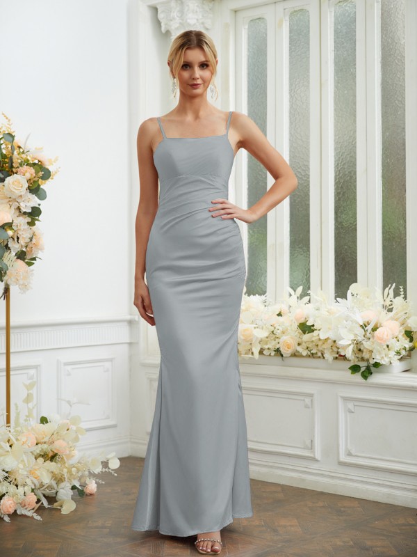 Sheath/Column Silk like Satin Ruched Spaghetti Straps Sleeveless Floor-Length Bridesmaid Dresses 3070