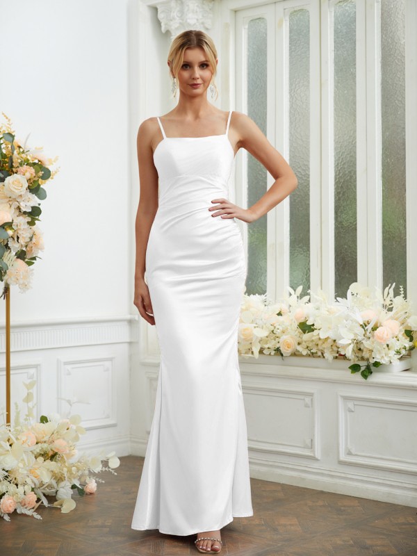 Sheath/Column Silk like Satin Ruched Spaghetti Straps Sleeveless Floor-Length Bridesmaid Dresses 3070