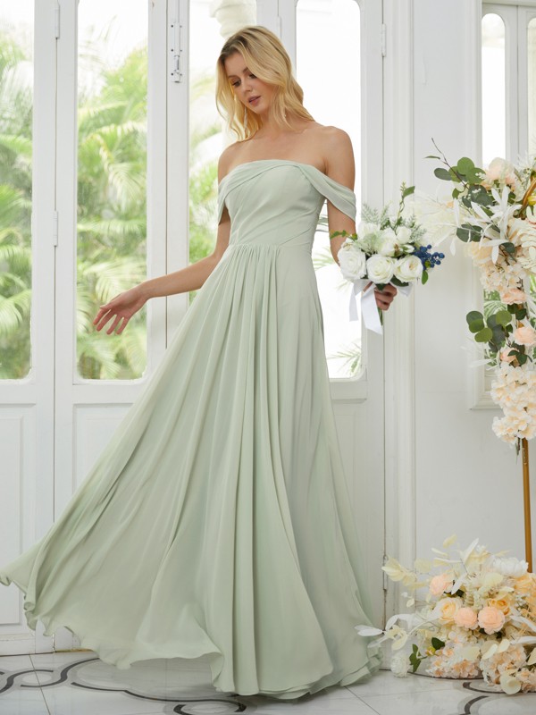 A-Line/Princess Chiffon Ruched Off-the-Shoulder Sleeveless Floor-Length Bridesmaid Dresses 2158