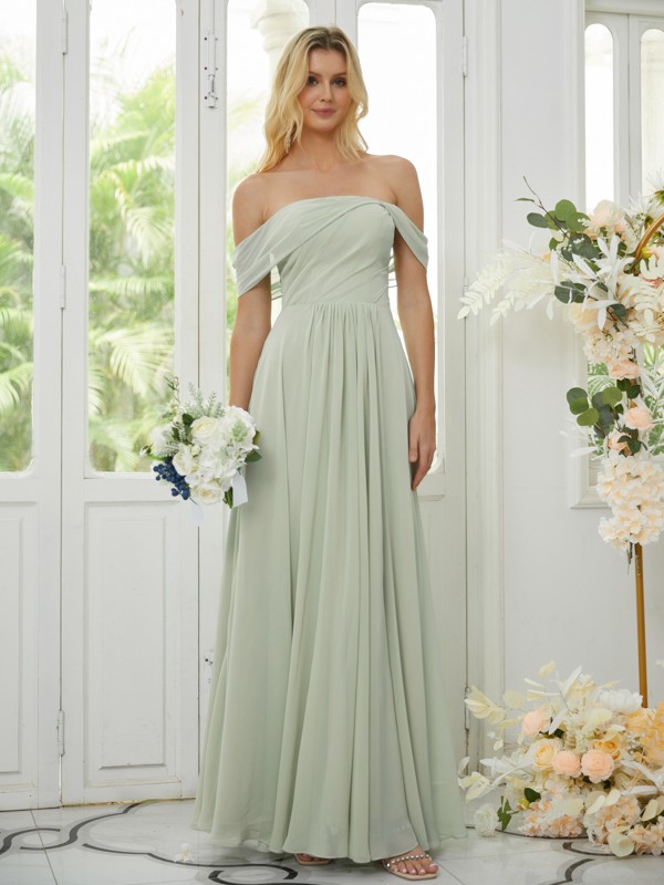 A-Line/Princess Chiffon Ruched Off-the-Shoulder Sleeveless Floor-Length Bridesmaid Dresses 2158