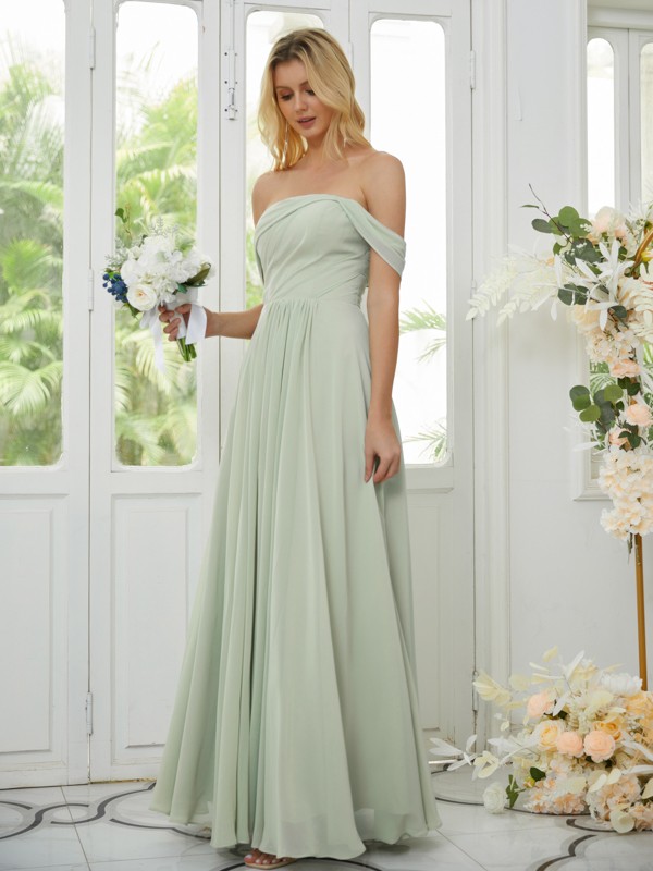 A-Line/Princess Chiffon Ruched Off-the-Shoulder Sleeveless Floor-Length Bridesmaid Dresses 2158