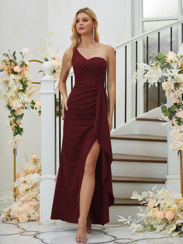 Sheath/Column Stretch Crepe Ruched One-Shoulder Sleeveless Floor-Length Bridesmaid Dresses 3165