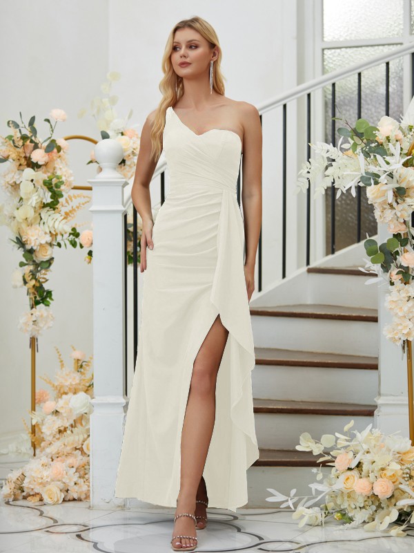 Sheath/Column Stretch Crepe Ruched One-Shoulder Sleeveless Floor-Length Bridesmaid Dresses 3165