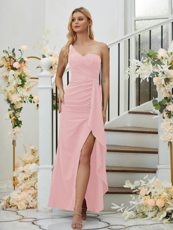 Sheath/Column Stretch Crepe Ruched One-Shoulder Sleeveless Floor-Length Bridesmaid Dresses 3165