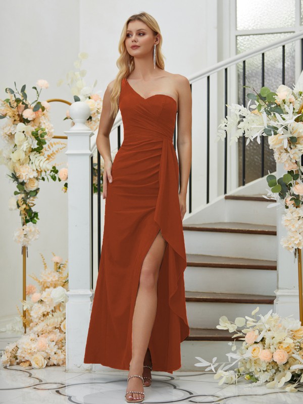 Sheath/Column Stretch Crepe Ruched One-Shoulder Sleeveless Floor-Length Bridesmaid Dresses 3165