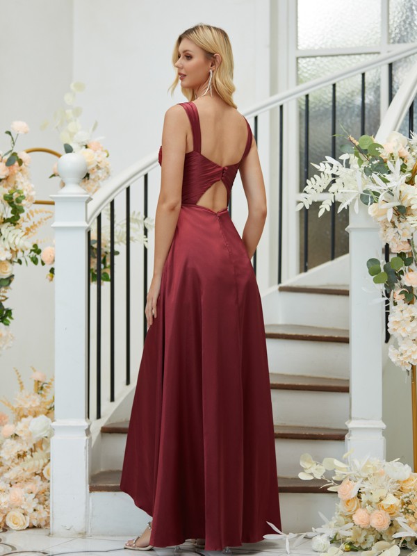 A-Line/Princess Elastic Woven Satin Ruched Straps Sleeveless Asymmetrical Bridesmaid Dresses 2255