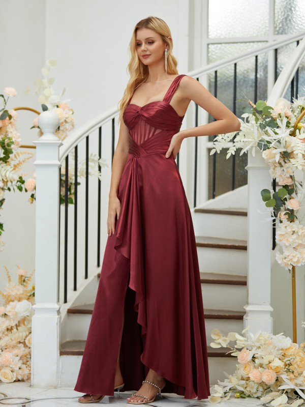 A-Line/Princess Elastic Woven Satin Ruched Straps Sleeveless Asymmetrical Bridesmaid Dresses 2255