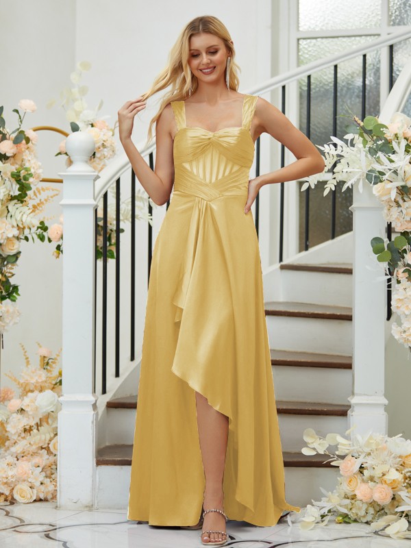 A-Line/Princess Elastic Woven Satin Ruched Straps Sleeveless Asymmetrical Bridesmaid Dresses 2255