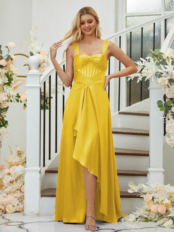 A-Line/Princess Elastic Woven Satin Ruched Straps Sleeveless Asymmetrical Bridesmaid Dresses 2255