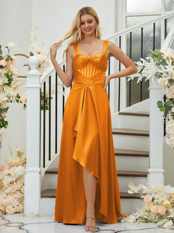 A-Line/Princess Elastic Woven Satin Ruched Straps Sleeveless Asymmetrical Bridesmaid Dresses 2255