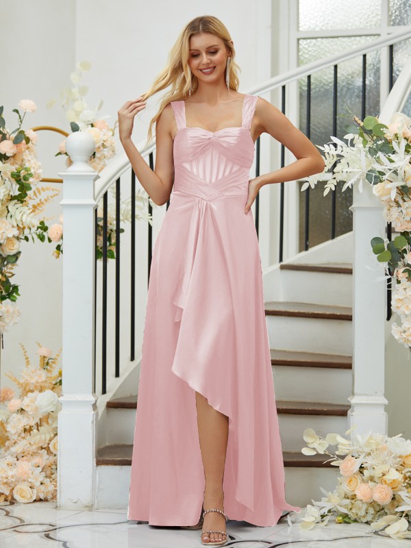 A-Line/Princess Elastic Woven Satin Ruched Straps Sleeveless Asymmetrical Bridesmaid Dresses 2255