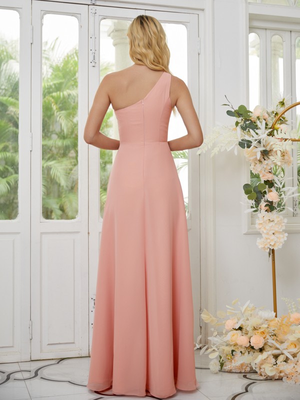 A-Line/Princess Chiffon Ruched One-Shoulder Sleeveless Floor-Length Bridesmaid Dresses 2163