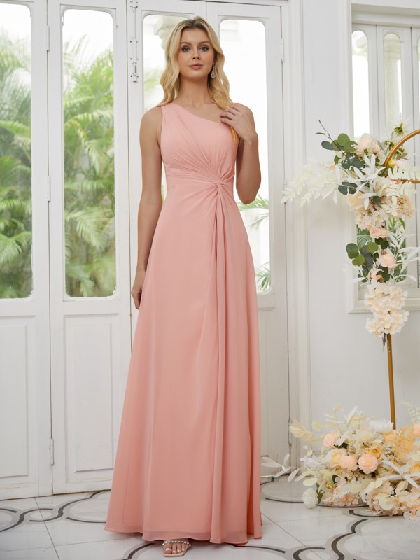 A-Line/Princess Chiffon Ruched One-Shoulder Sleeveless Floor-Length Bridesmaid Dresses 2163