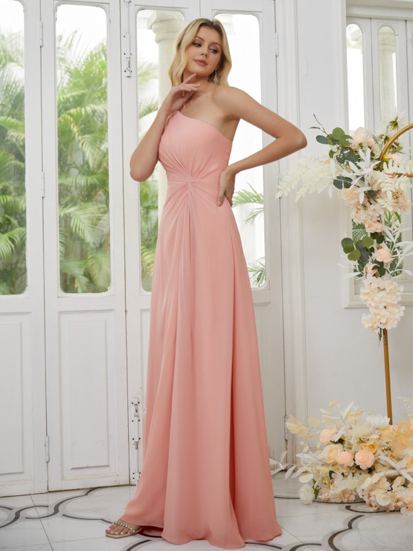 A-Line/Princess Chiffon Ruched One-Shoulder Sleeveless Floor-Length Bridesmaid Dresses 2163