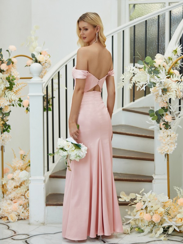 Sheath/Column Charmeuse Ruched Off-the-Shoulder Sleeveless Floor-Length Bridesmaid Dresses 2880