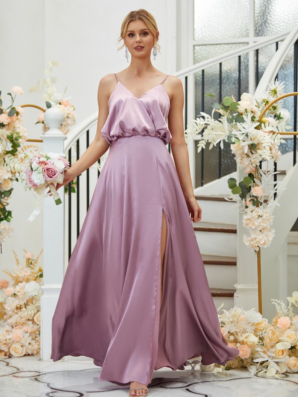 A-Line/Princess Silk like Satin Ruched V-neck Sleeveless Floor-Length Bridesmaid Dresses 2478